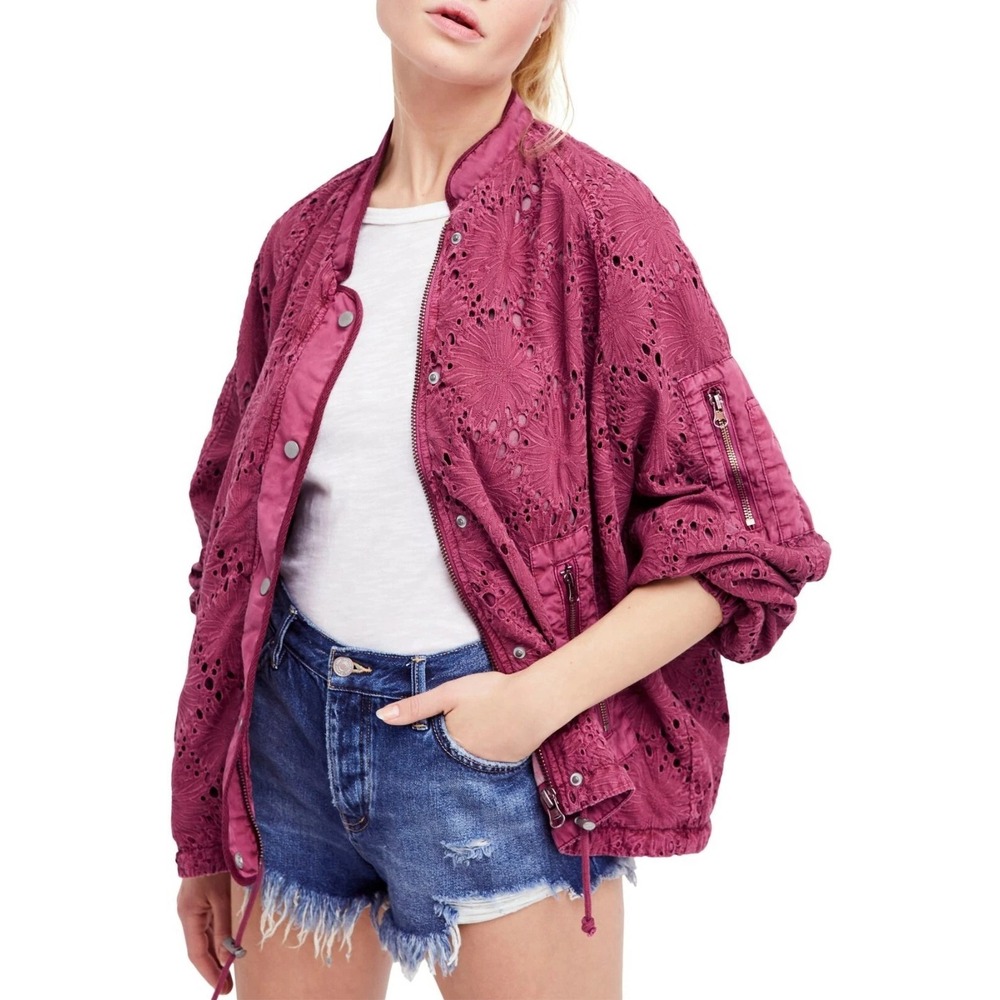 Free People Daisy Jane Eyelet Bomber Jacket Berry Wine Cotton Embroidered Medium
